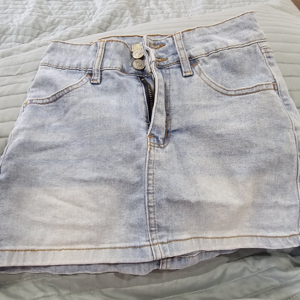 Love Cult Light Blue Denim Mini Skirt with Gold Stitching